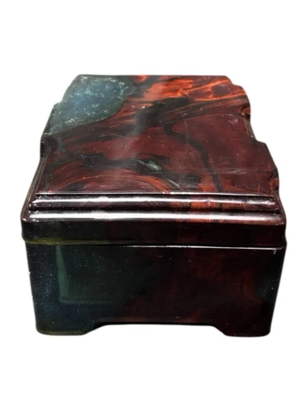 Vintage epoxy jewelry / trinket box featuring a beautiful faux burl wood swirl